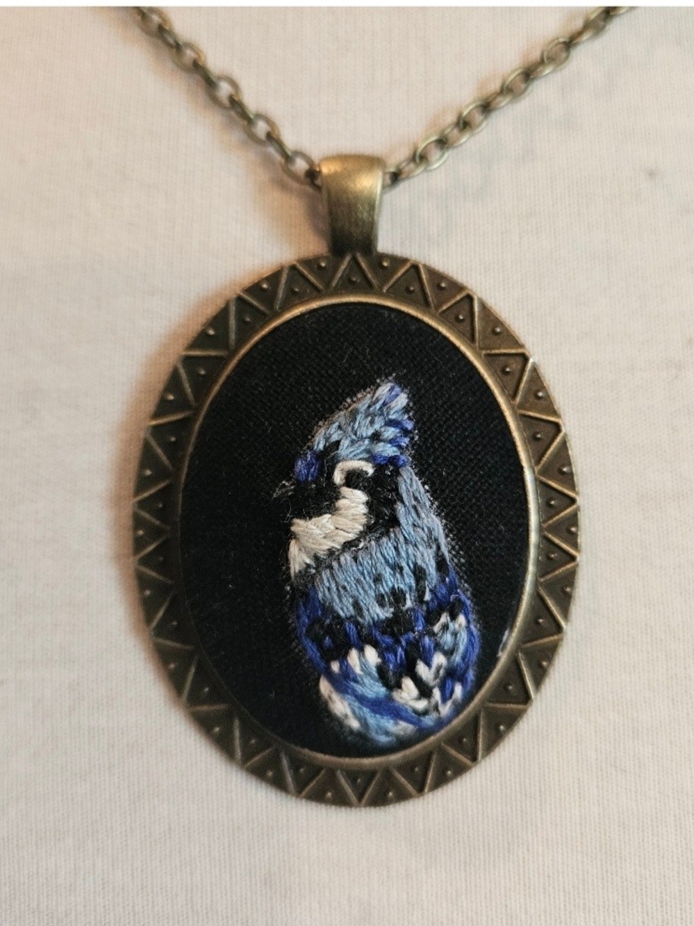 Hand-Embroidered Blue Jay Portrait Pendant Necklace One Of A Kind